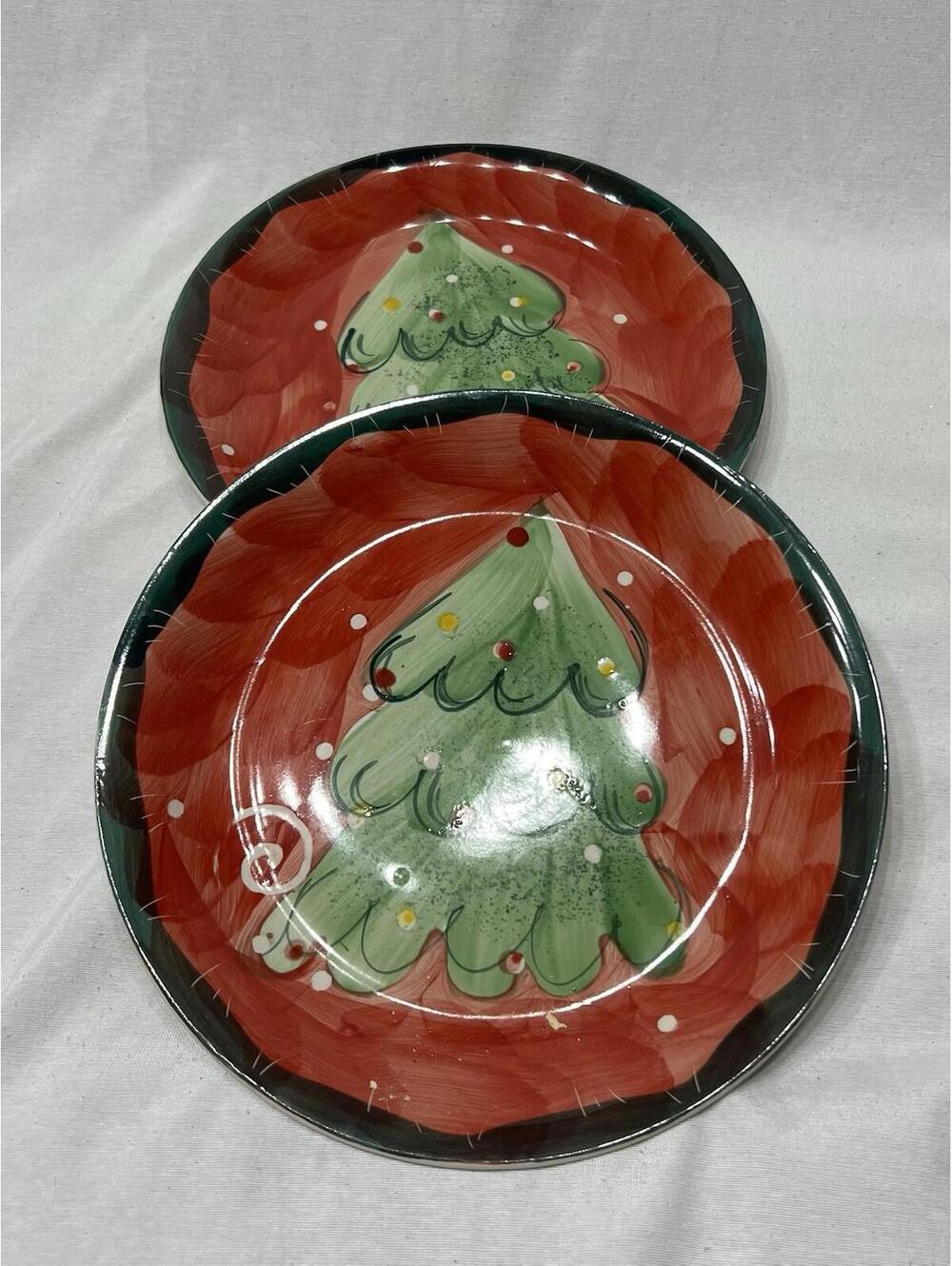 2 Vintage Stoneware Hand Painted Studio 33 Holiday Christmas Tree Bowls